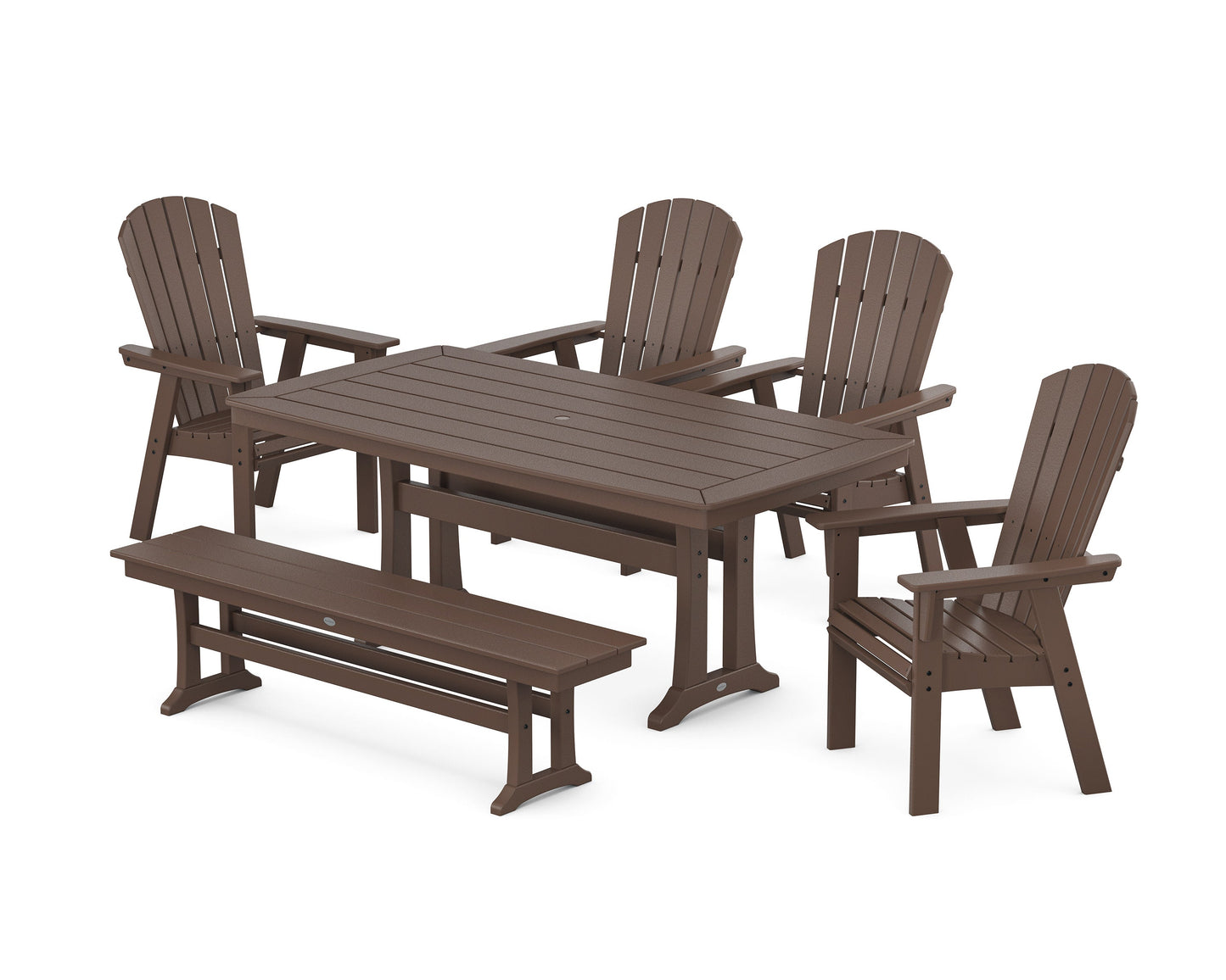 POLYWOOD Nautical Curveback Adirondack 6-Piece Dining Set with Trestle Legs and Bench — Mahogany