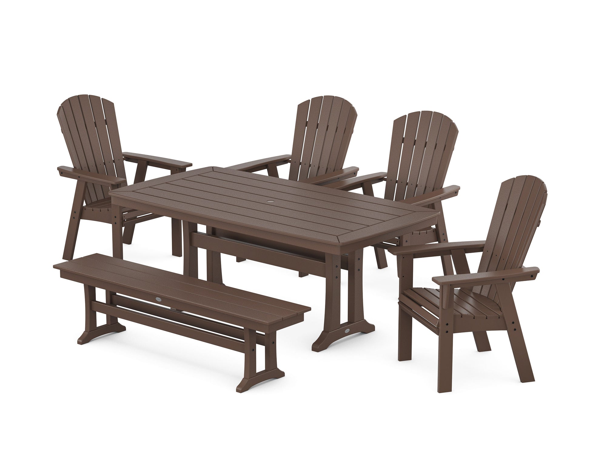 POLYWOOD Nautical Curveback Adirondack 6-Piece Dining Set with Trestle Legs and Bench — Mahogany