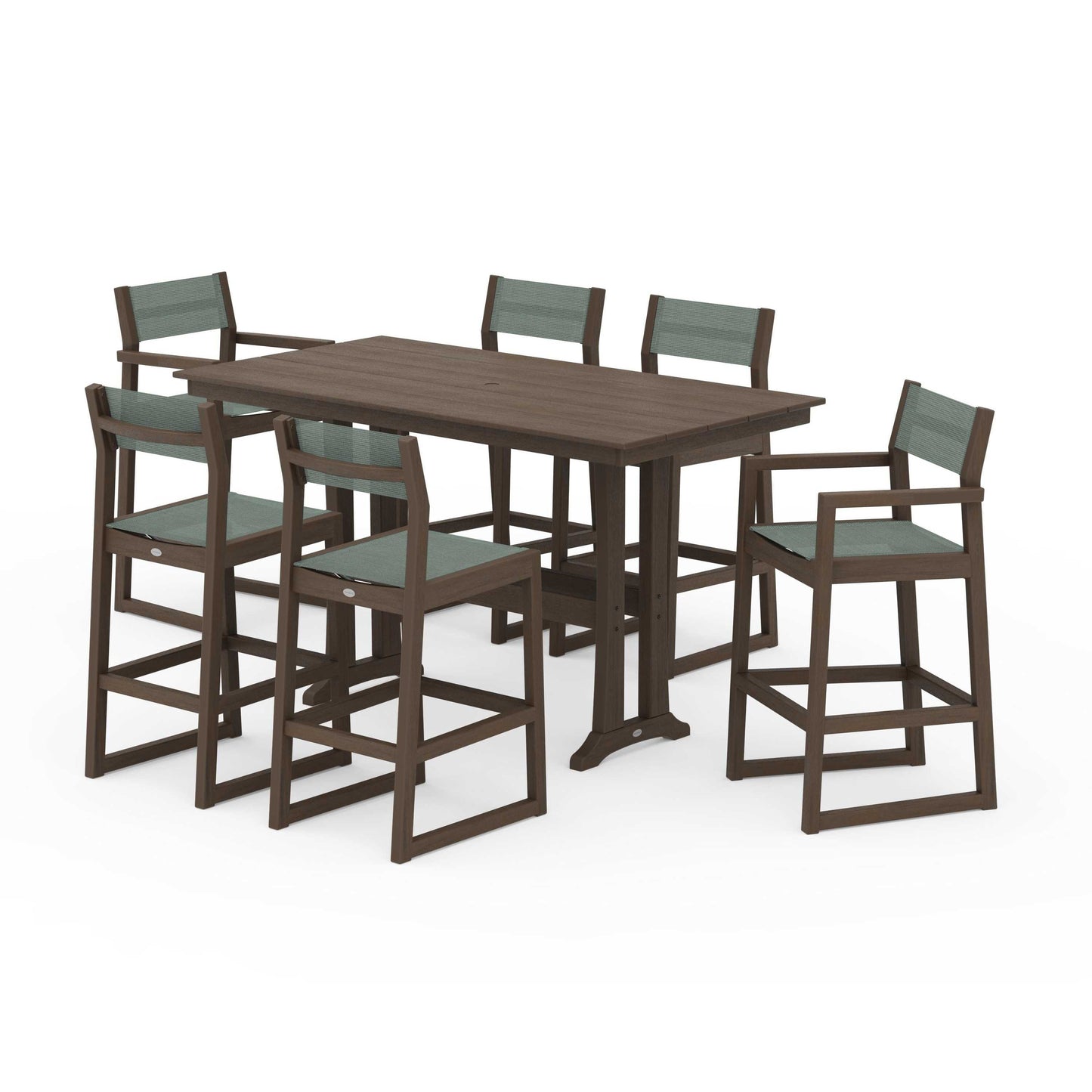 POLYWOOD EDGE Sling 7-Piece Farmhouse Bar Set with Trestle Legs — Kona / Dupioni Sea Mist Sling