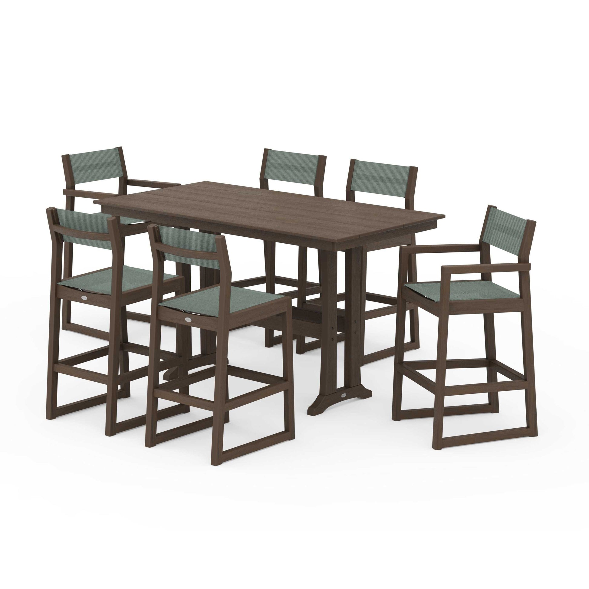 POLYWOOD EDGE Sling 7-Piece Farmhouse Bar Set with Trestle Legs — Kona / Dupioni Sea Mist Sling