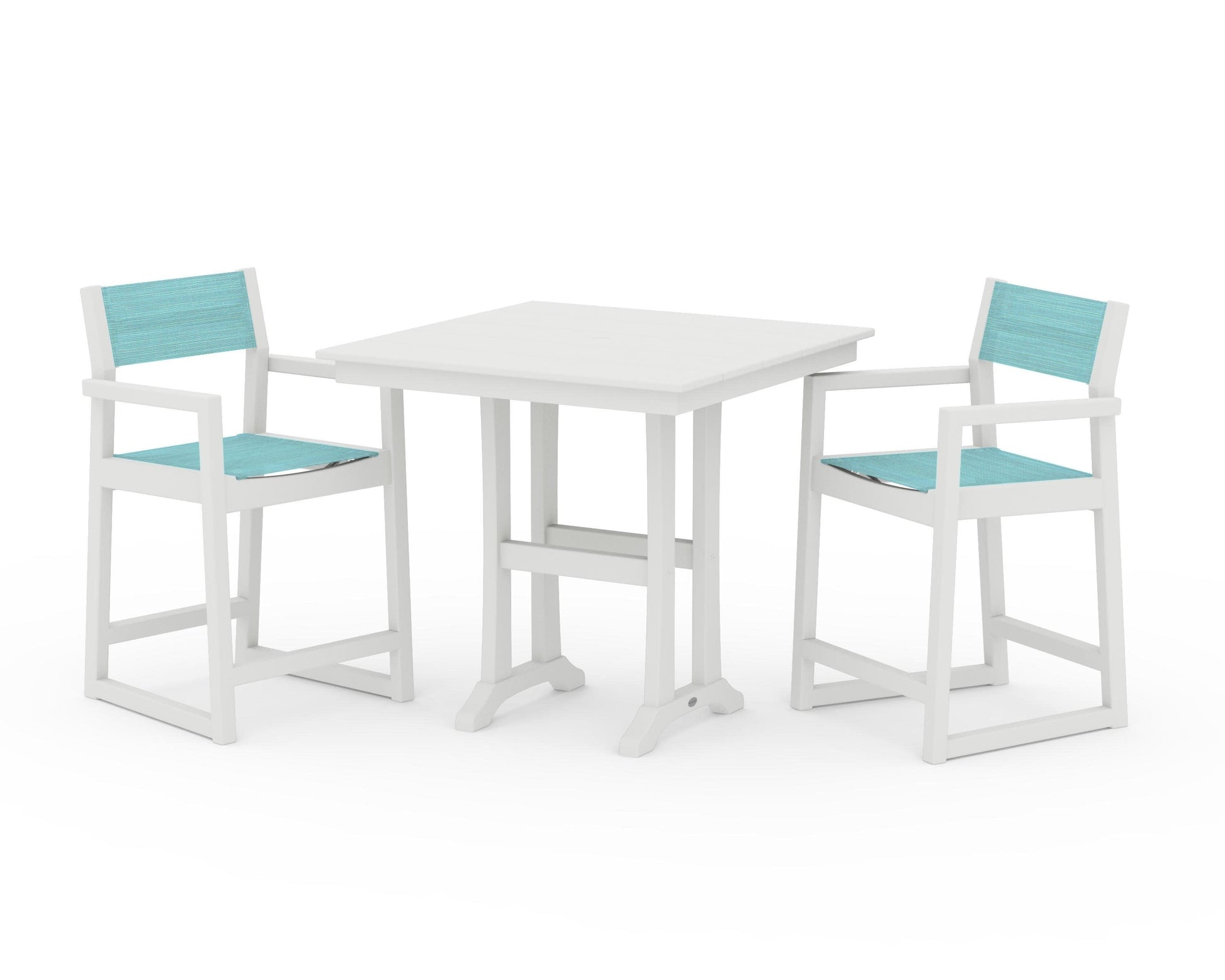 POLYWOOD EDGE Sling Arm Chair 3-Piece Farmhouse Counter Set with Trestle Legs — Vintage White / Dupioni Aquamarine Sling