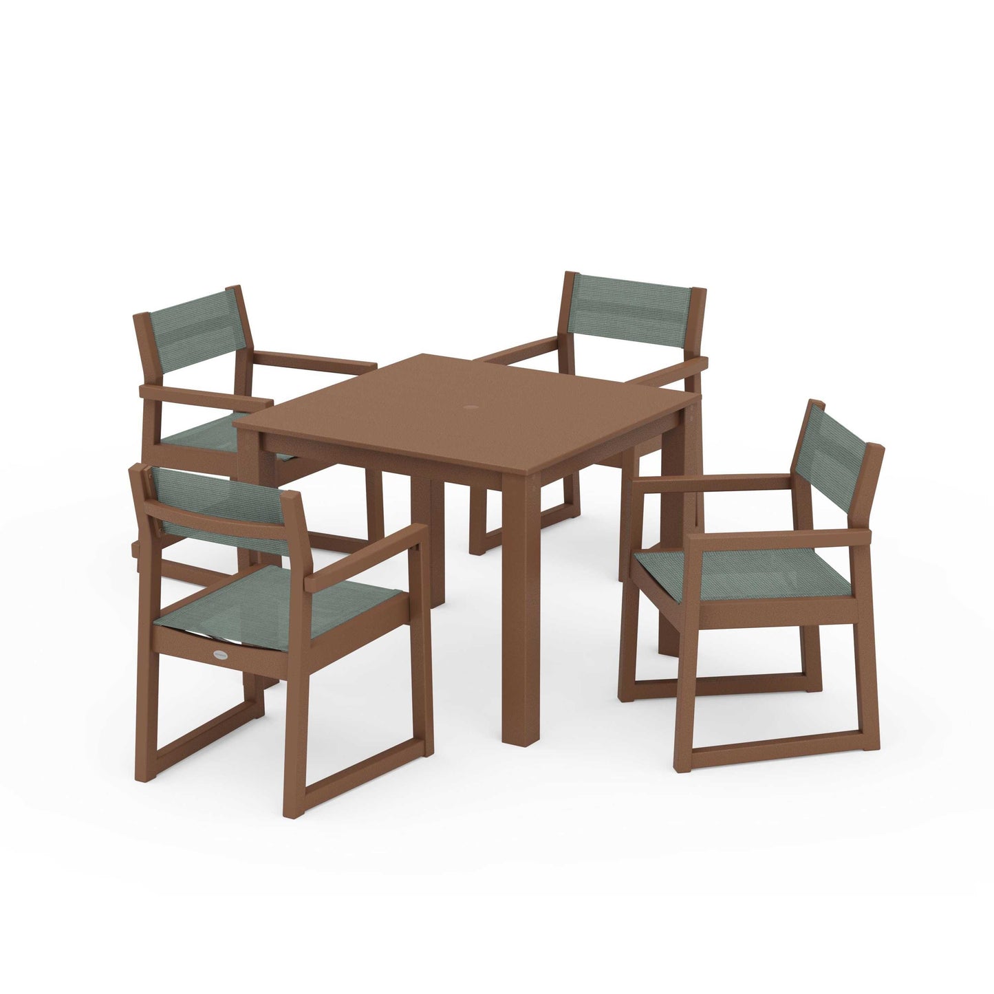 POLYWOOD EDGE Sling Arm Chair 5-Piece Parsons Dining Set — Teak / Dupioni Sea Mist Sling