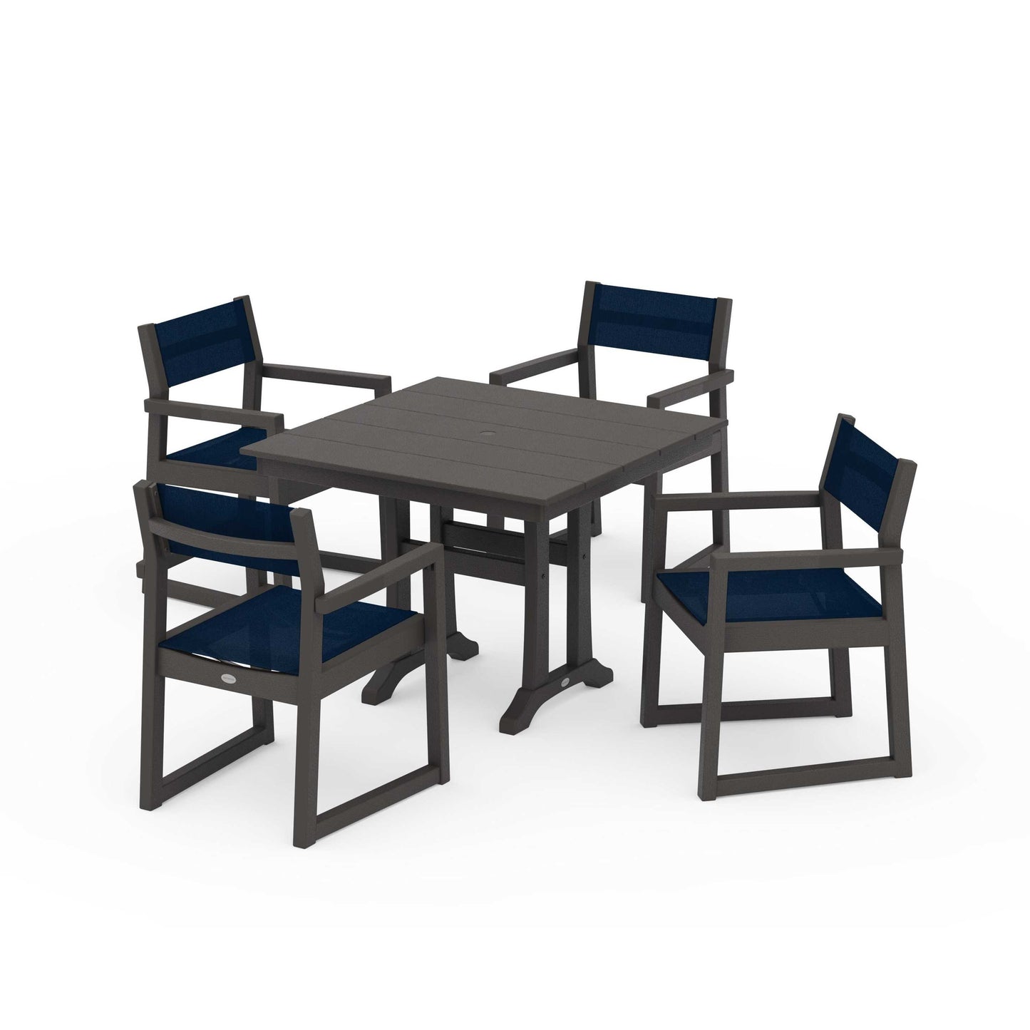 POLYWOOD EDGE Sling 5-Piece Farmhouse Dining Set with Trestle Legs — Vintage Coffee / Navy Blue Sling