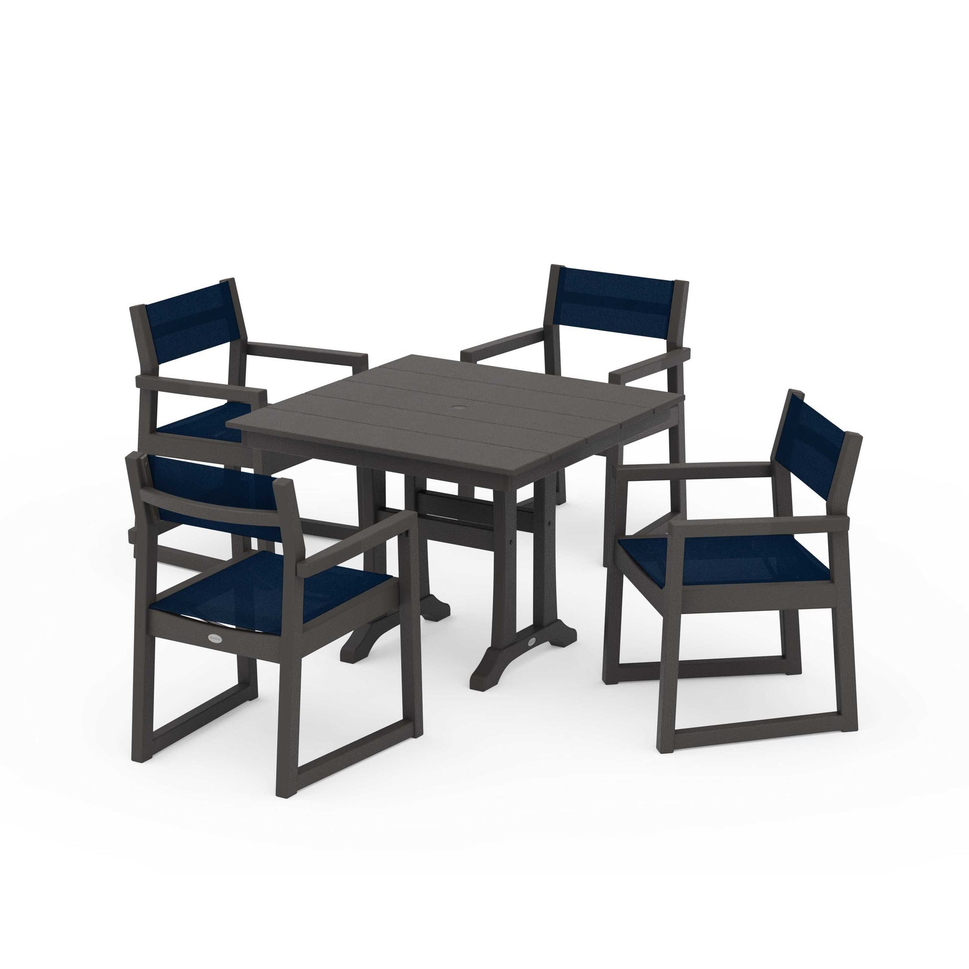 POLYWOOD EDGE Sling 5-Piece Farmhouse Dining Set with Trestle Legs — Vintage Coffee / Navy Blue Sling