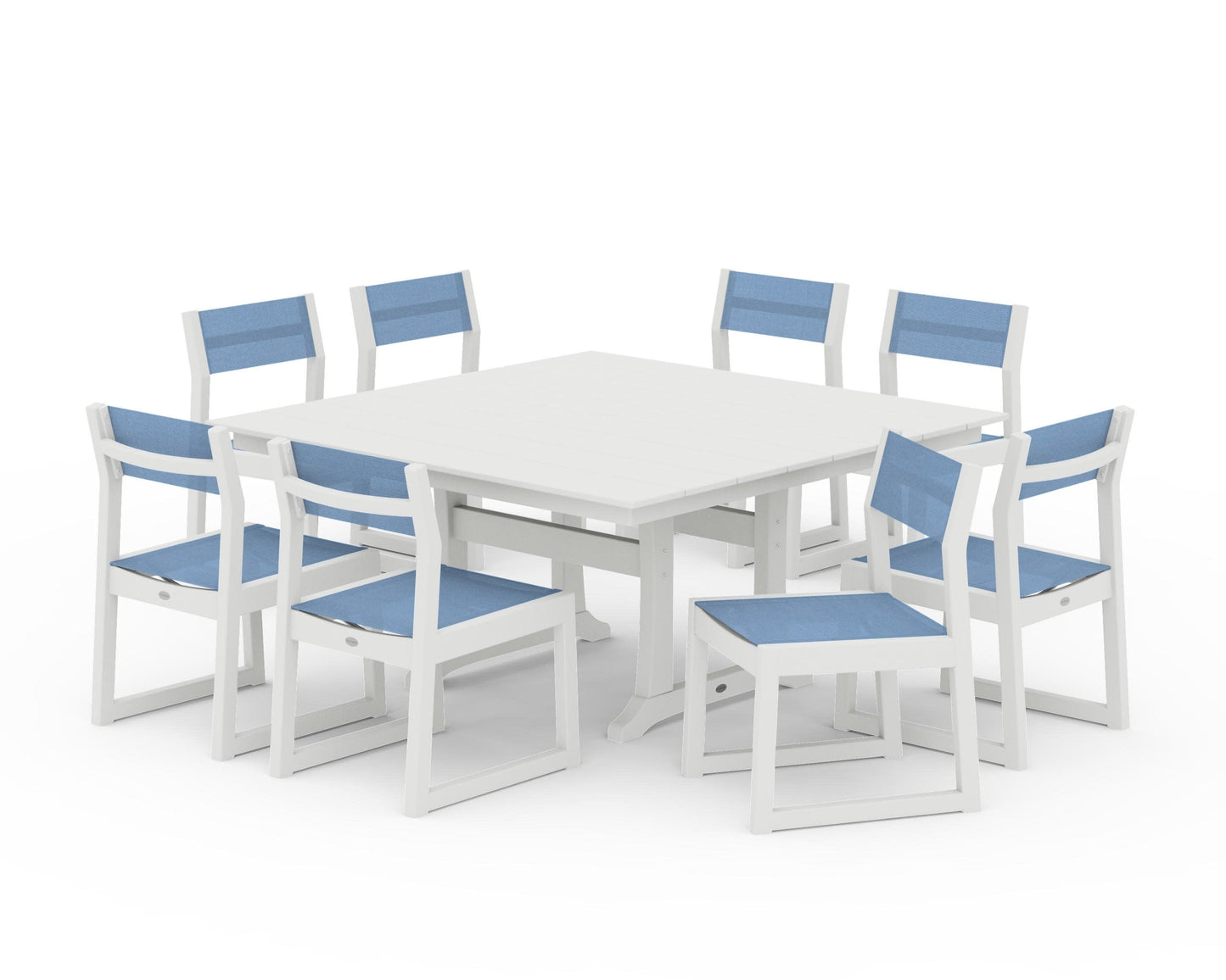 POLYWOOD EDGE Sling Side Chair 9-Piece Farmhouse Trestle Dining Set — Vintage White / Poolside Sling