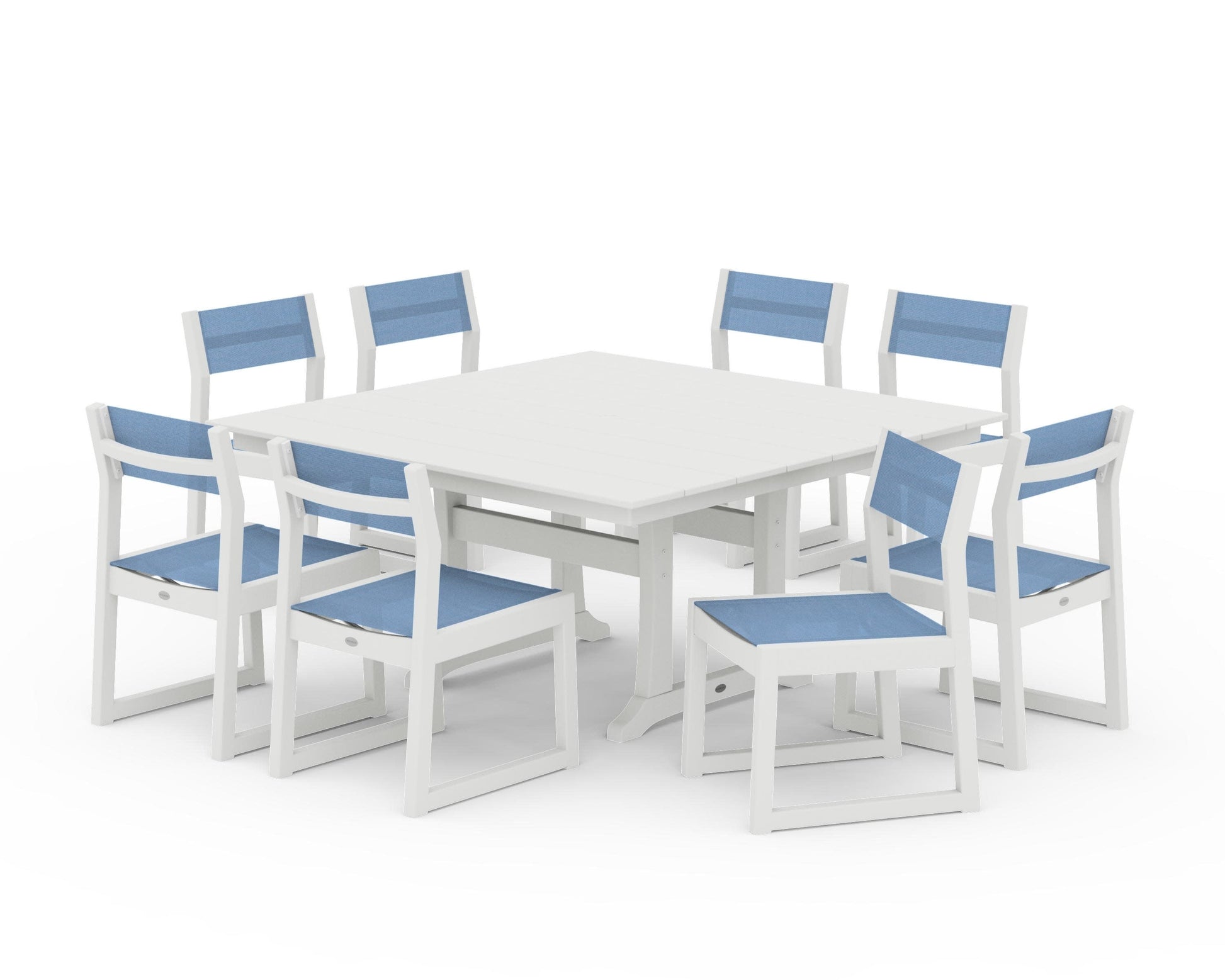 POLYWOOD EDGE Sling Side Chair 9-Piece Farmhouse Trestle Dining Set — Vintage White / Poolside Sling