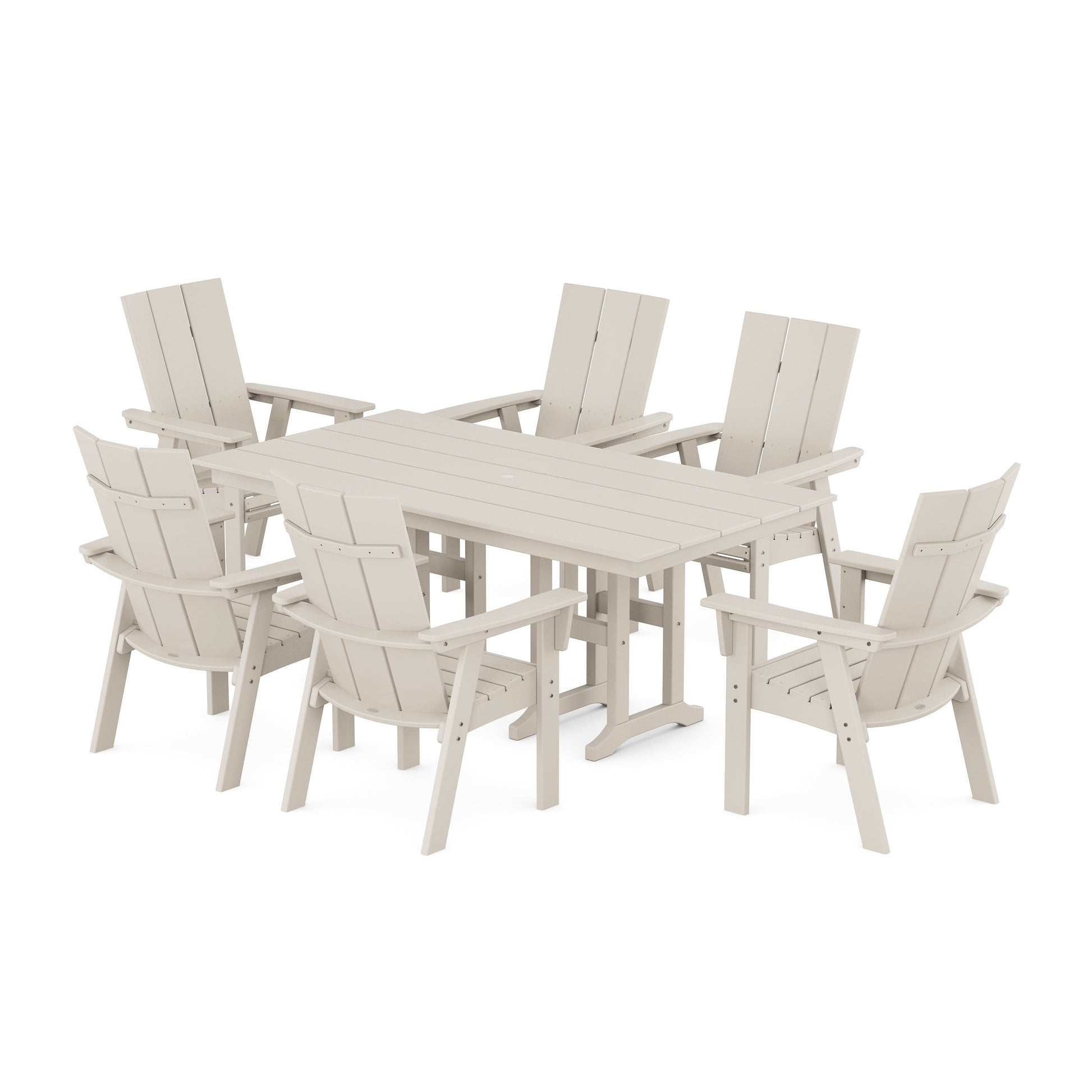 POLYWOOD Modern Curveback Adirondack 7-Piece Farmhouse Dining Set — Sand