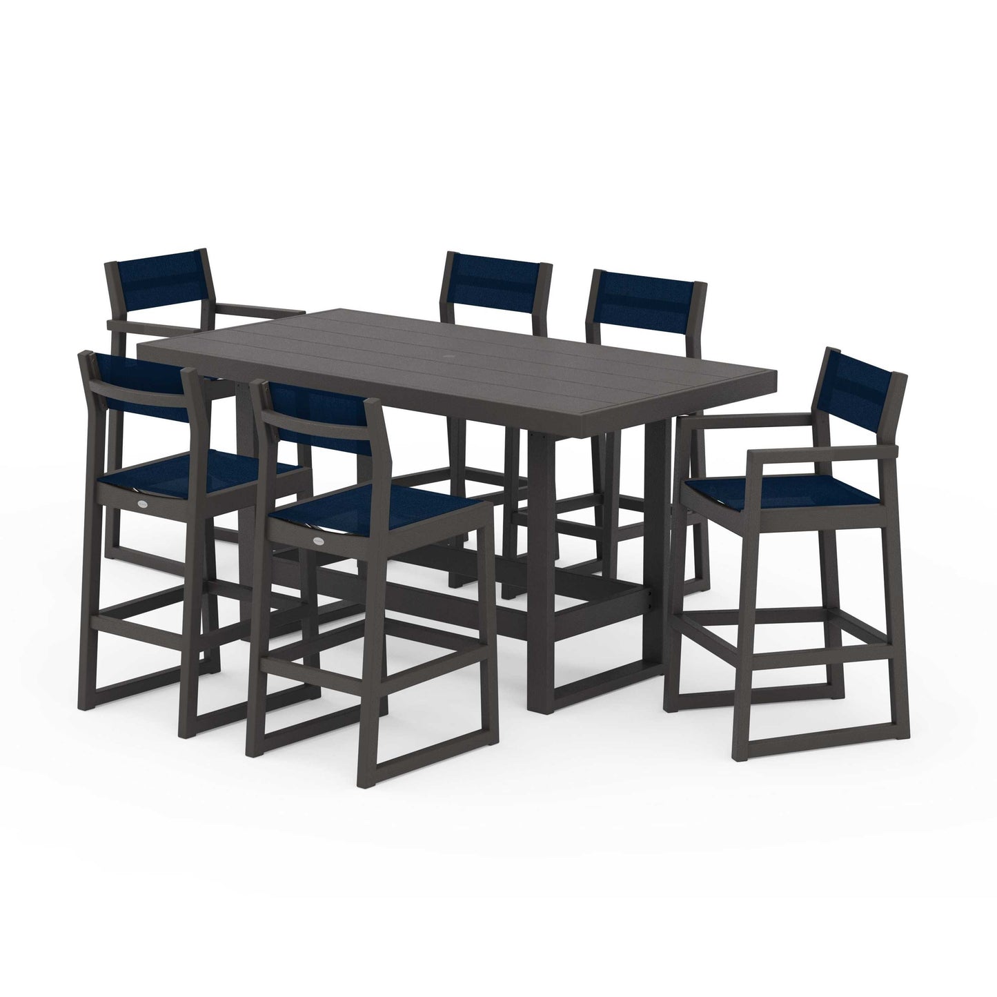 POLYWOOD EDGE Sling 7-Piece Bar Table Set — Vintage Coffee / Navy Blue Sling