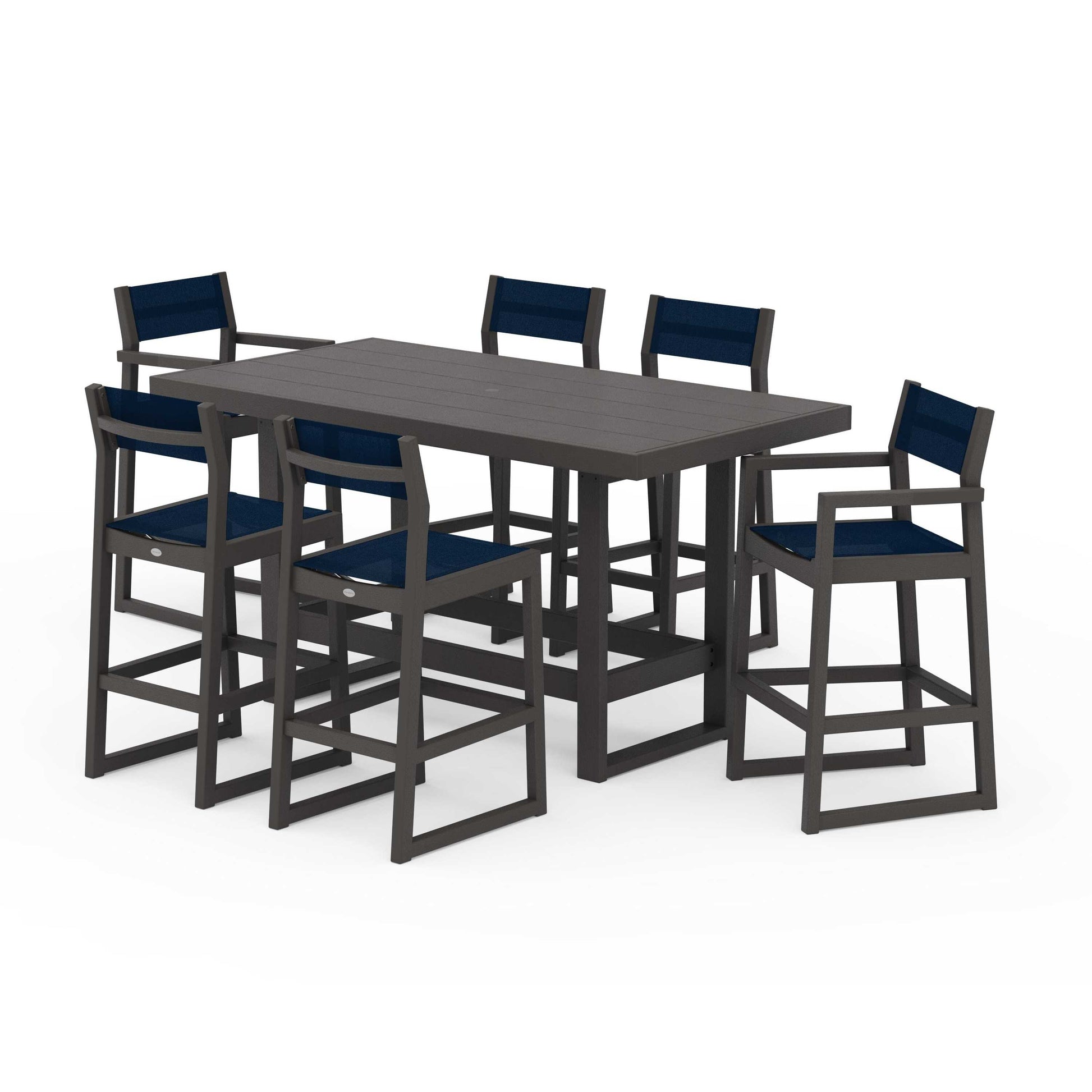 POLYWOOD EDGE Sling 7-Piece Bar Table Set — Vintage Coffee / Navy Blue Sling