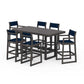 POLYWOOD EDGE Sling 7-Piece Bar Table Set — Vintage Coffee / Navy Blue Sling