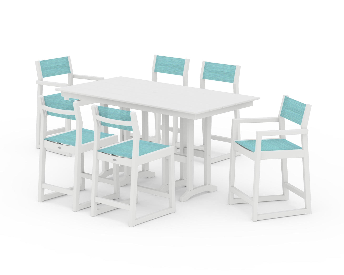 POLYWOOD EDGE Sling 7-Piece Farmhouse Counter Set with Trestle Legs — White / Dupioni Aquamarine Sling