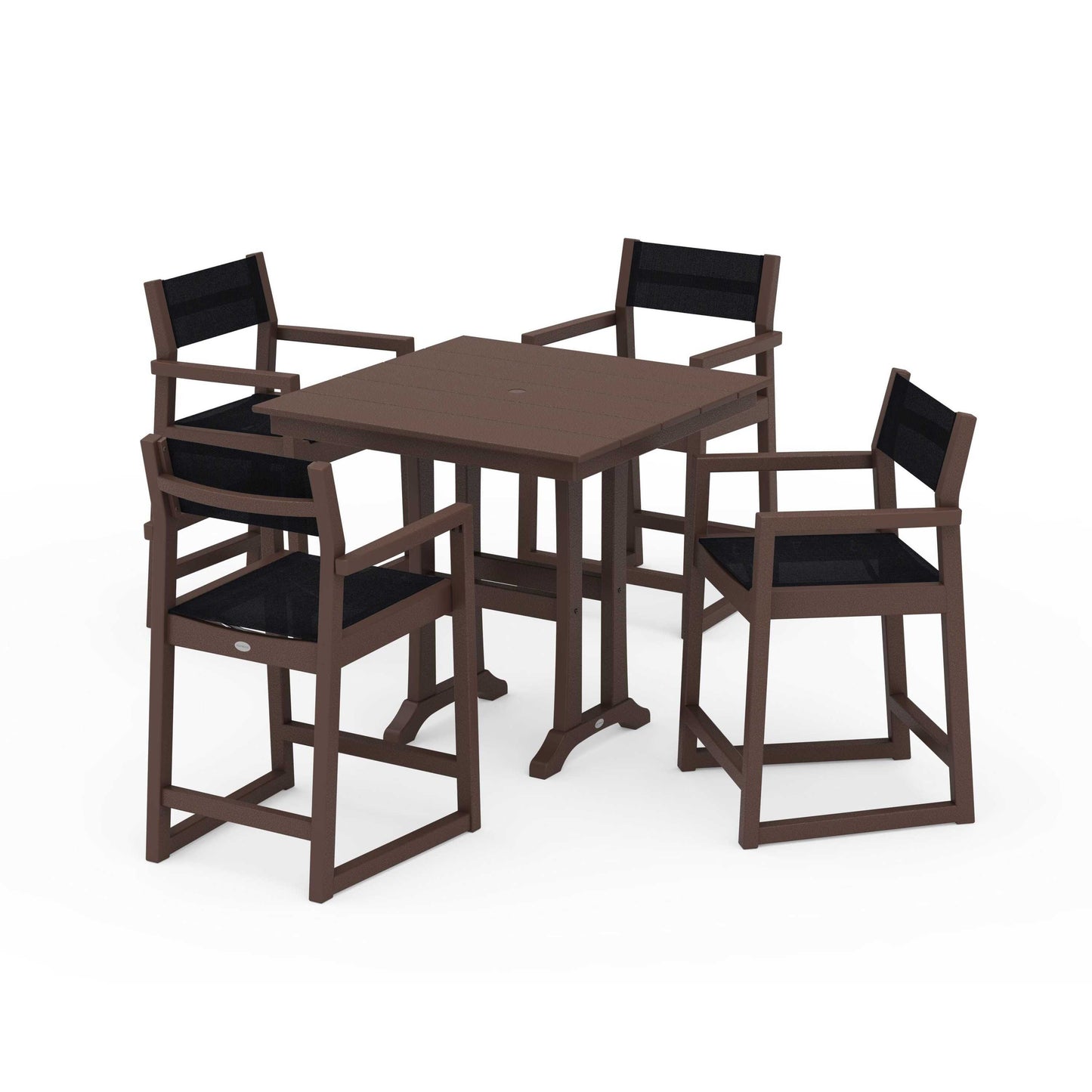 POLYWOOD EDGE Sling Arm Chair 5-Piece Farmhouse Counter Set with Trestle Legs — Mahogany / Black Sling