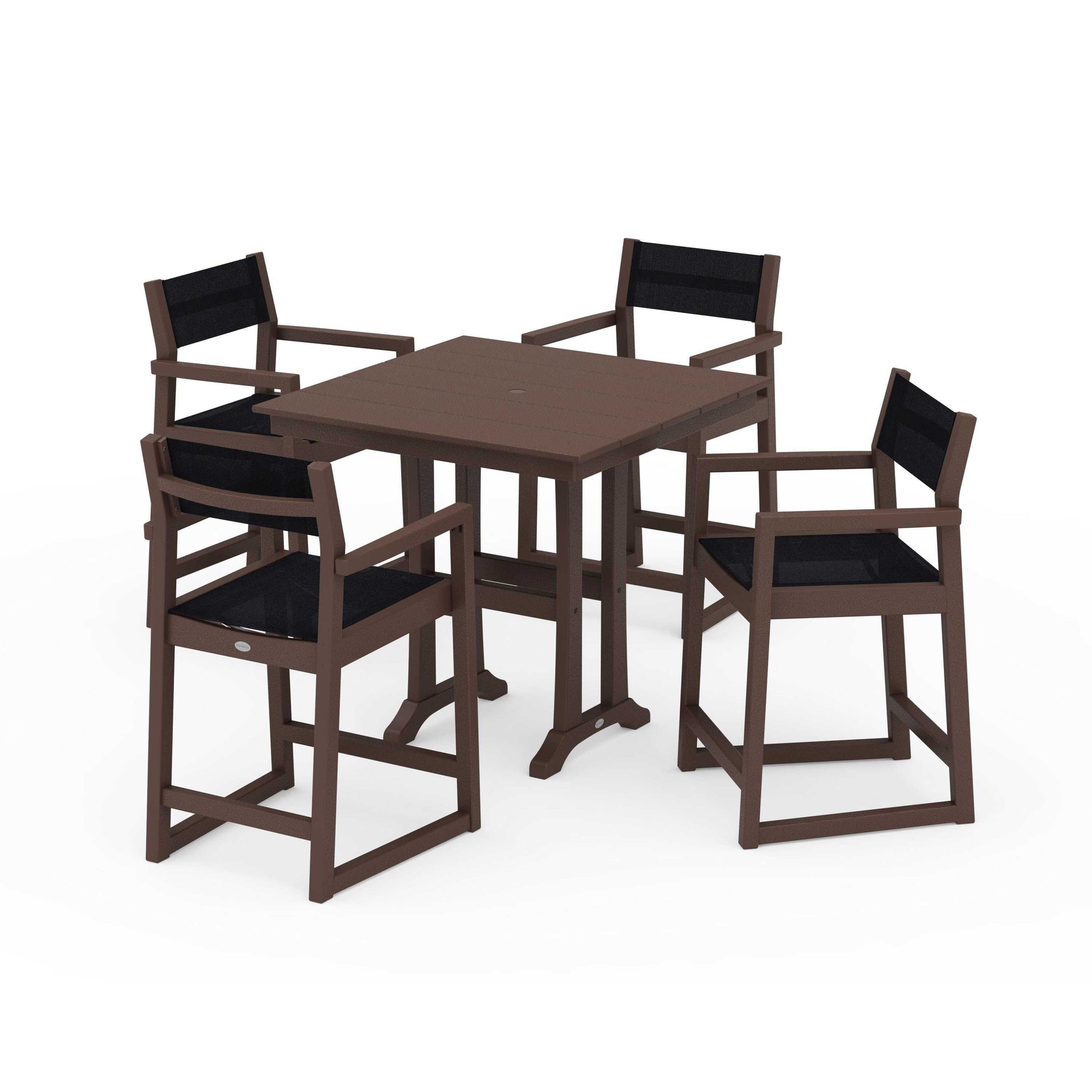POLYWOOD EDGE Sling Arm Chair 5-Piece Farmhouse Counter Set with Trestle Legs — Mahogany / Black Sling
