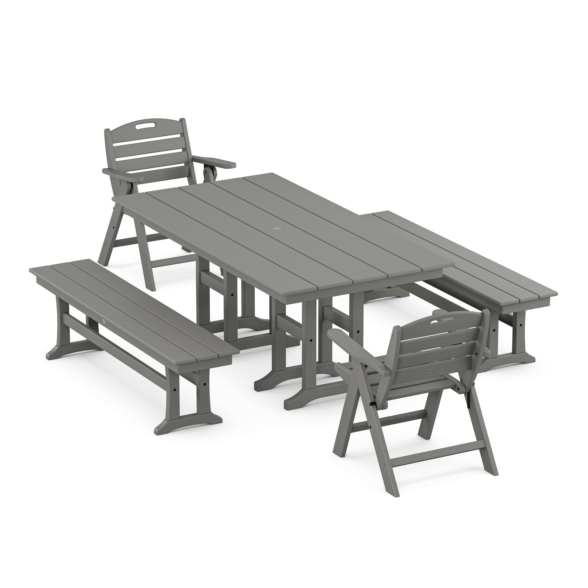 POLYWOOD Nautical Lowback 5-Piece Farmhouse Dining Set with Benches — Slate Grey