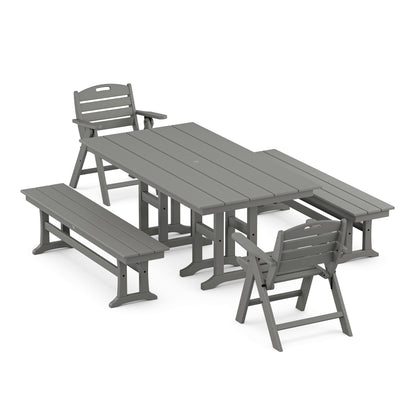 POLYWOOD Nautical Lowback 5-Piece Farmhouse Dining Set with Benches — Slate Grey