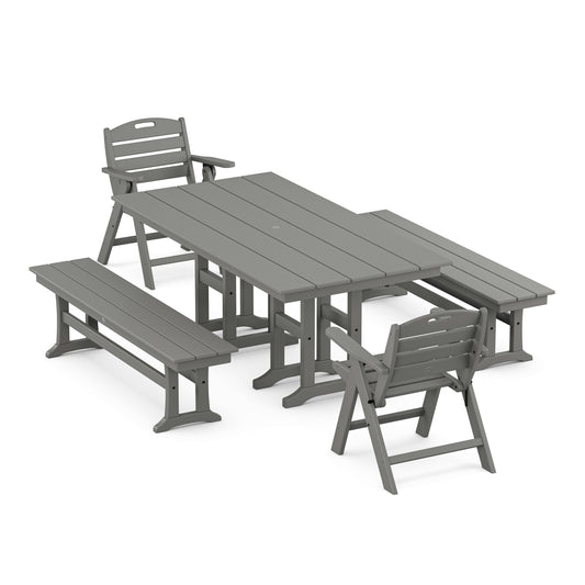 POLYWOOD Nautical Lowback 5-Piece Farmhouse Dining Set with Benches — Slate Grey