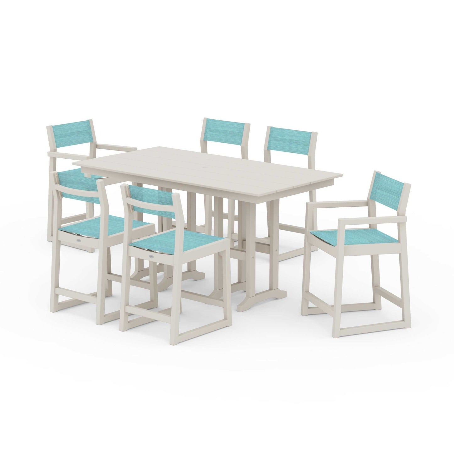 POLYWOOD EDGE Sling 7-Piece Farmhouse Counter Set with Trestle Legs — Sand / Dupioni Aquamarine Sling