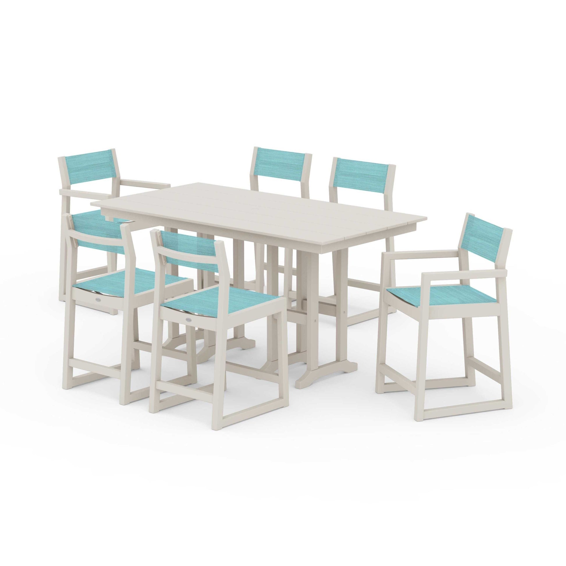POLYWOOD EDGE Sling 7-Piece Farmhouse Counter Set with Trestle Legs — Sand / Dupioni Aquamarine Sling