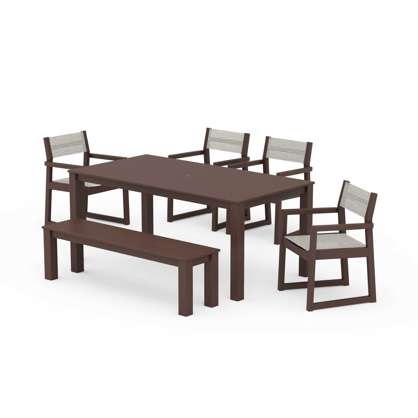 POLYWOOD EDGE Sling Arm Chair 6-Piece Parsons Dining Set with Bench — Mahogany / Birch Sling