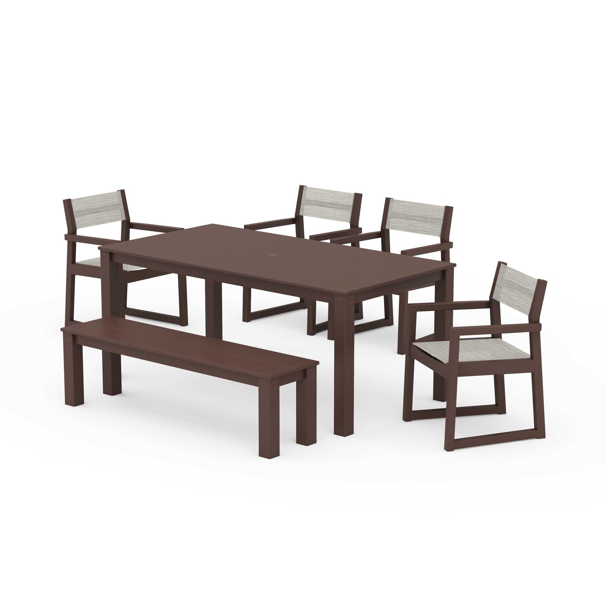 POLYWOOD EDGE Sling Arm Chair 6-Piece Parsons Dining Set with Bench — Mahogany / Birch Sling