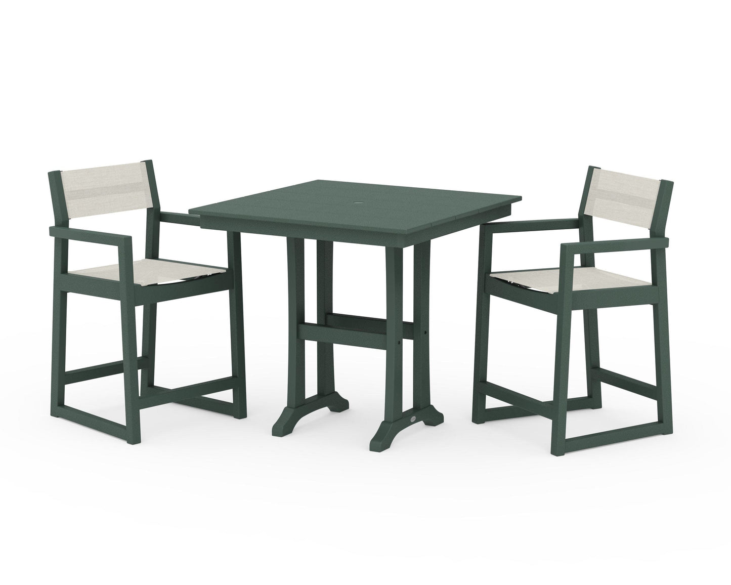 POLYWOOD EDGE Sling Arm Chair 3-Piece Farmhouse Counter Set with Trestle Legs — Green / Parchment Sling