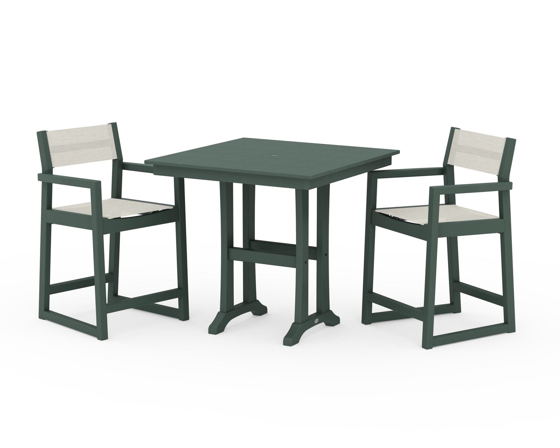 POLYWOOD EDGE Sling Arm Chair 3-Piece Farmhouse Counter Set with Trestle Legs — Green / Parchment Sling