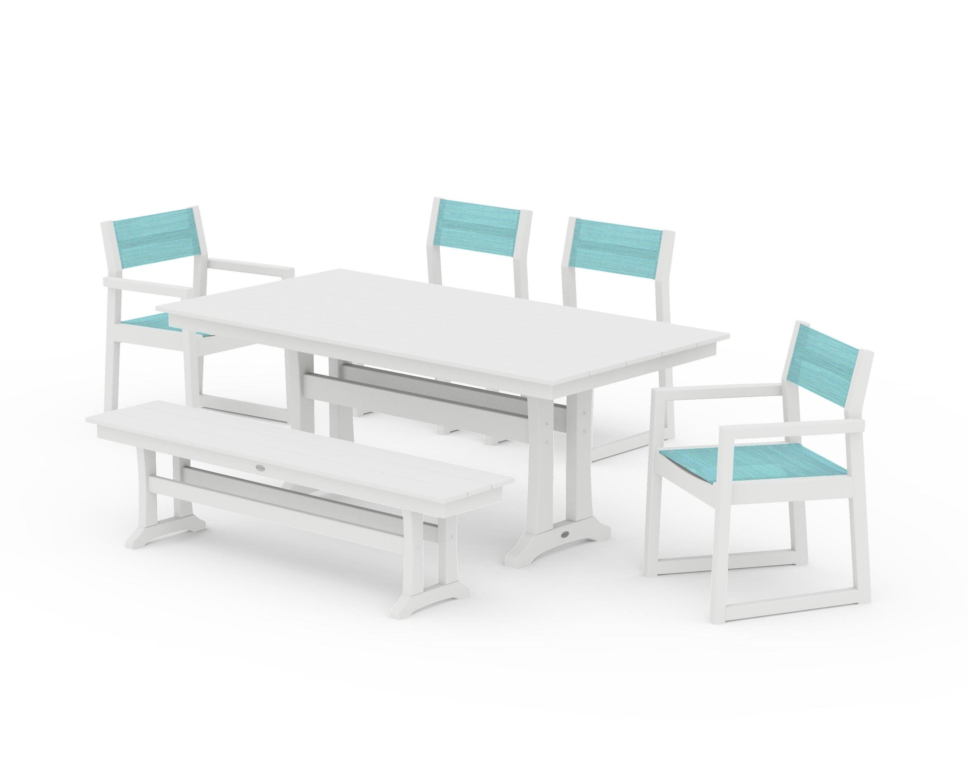 POLYWOOD EDGE Sling 6-Piece Farmhouse Dining Set With Trestle Legs — White / Dupioni Aquamarine Sling
