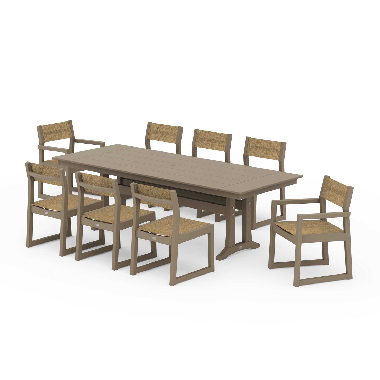 POLYWOOD EDGE Sling 9-Piece Farmhouse Trestle Dining Set — Vintage Sahara / Burlap Sling