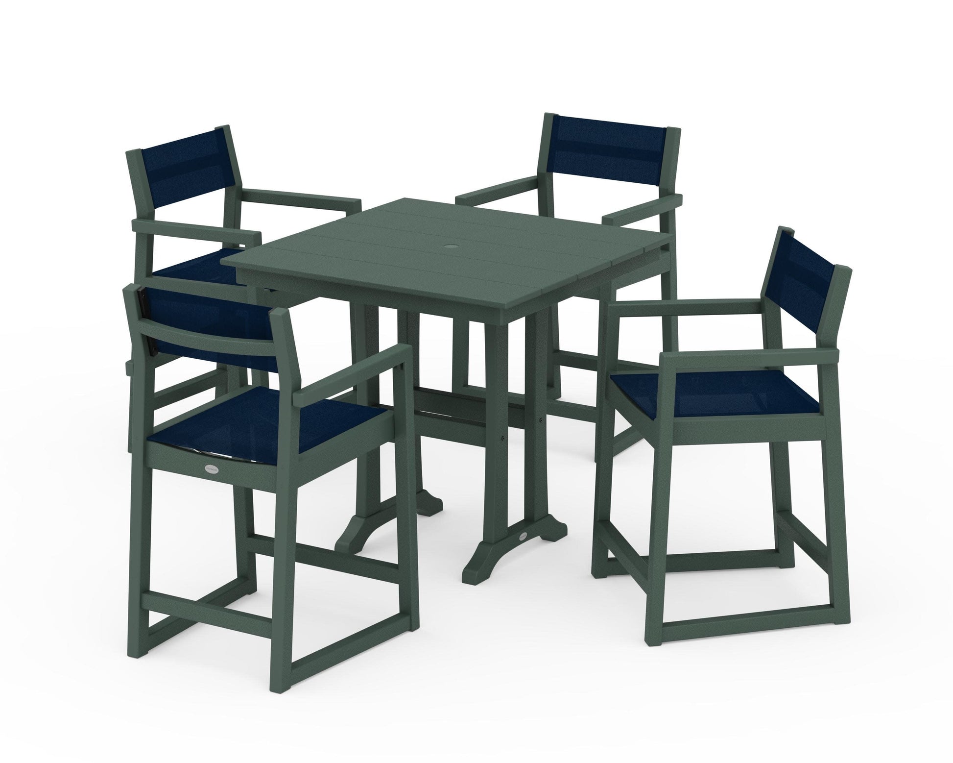 POLYWOOD EDGE Sling Arm Chair 5-Piece Farmhouse Counter Set with Trestle Legs — Green / Navy Blue Sling