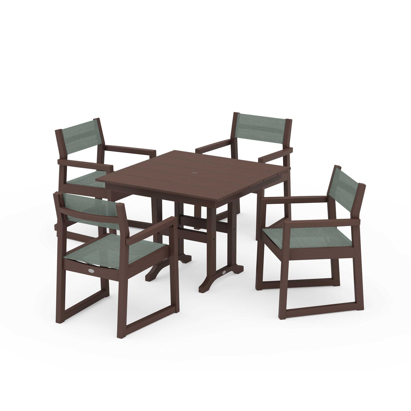 POLYWOOD EDGE Sling Arm Chair 5-Piece Farmhouse Dining Set — Mahogany / Dupioni Sea Mist Sling