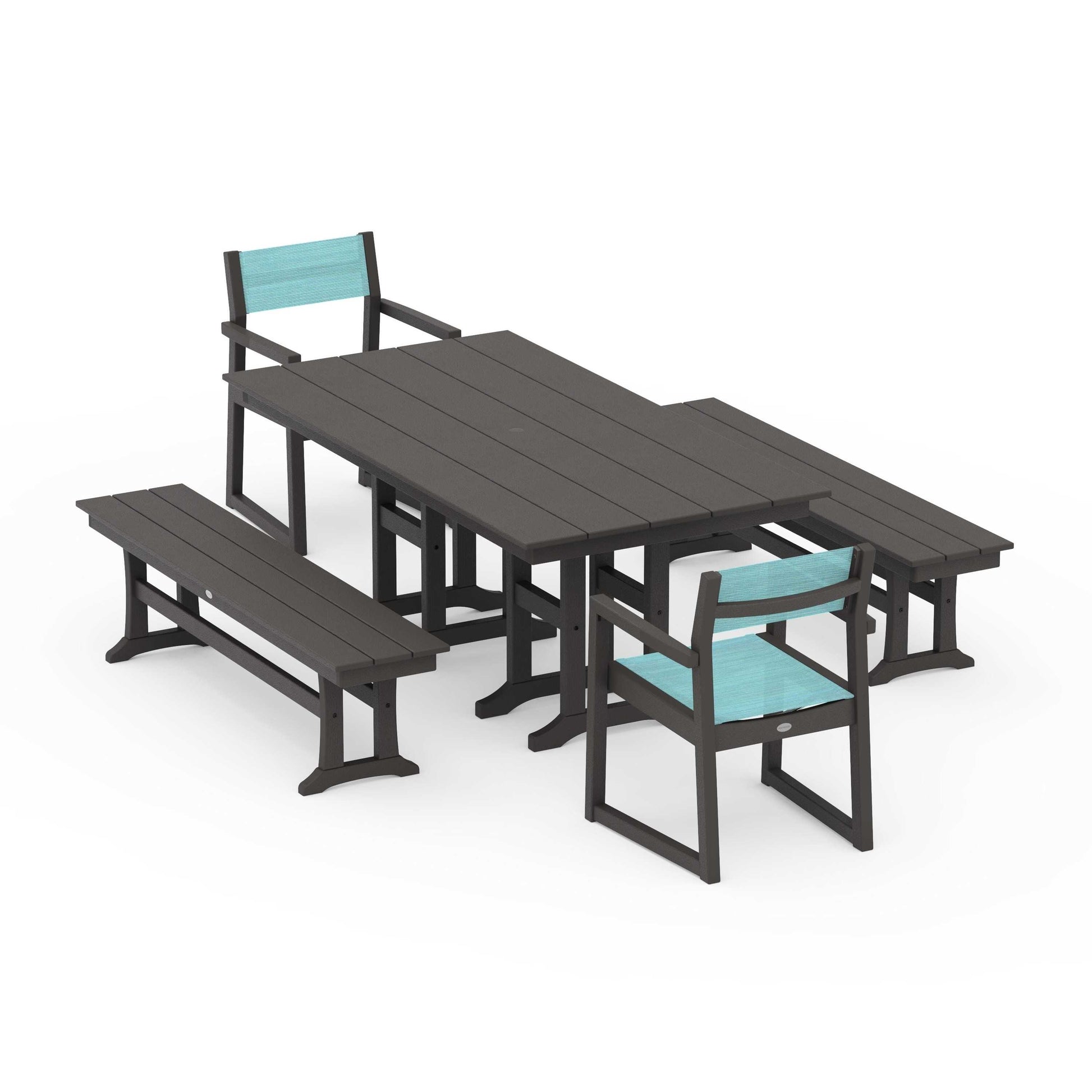 POLYWOOD EDGE Sling Arm Chair 5-Piece Farmhouse Dining Set with Benches — Vintage Coffee / Dupioni Aquamarine Sling
