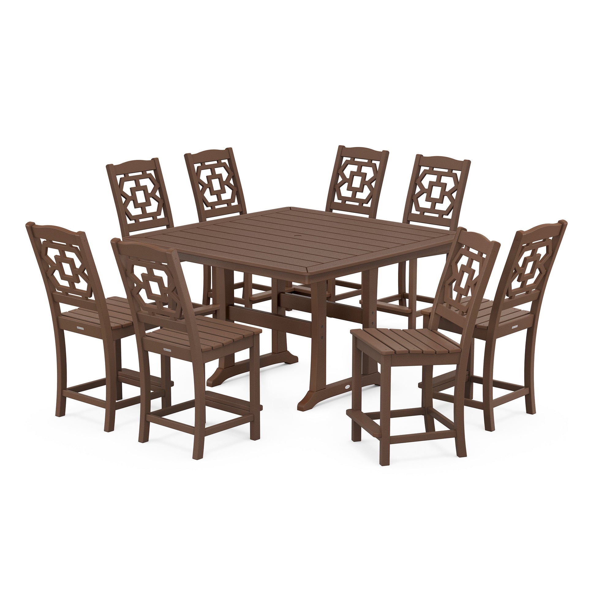 POLYWOOD Chinoiserie 9-Piece Square Side Chair Counter Set with Trestle Legs — Mahogany