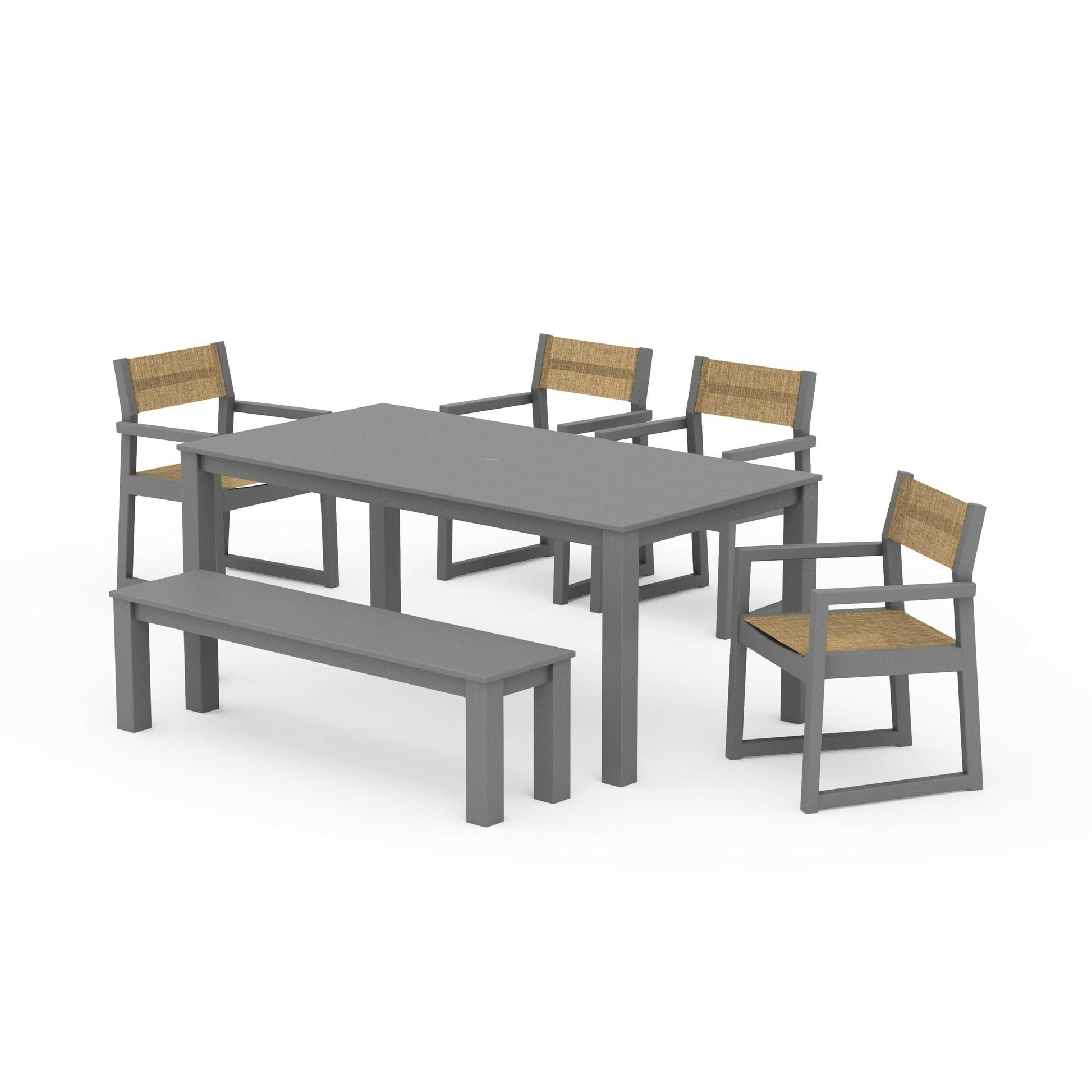 POLYWOOD EDGE Sling Arm Chair 6-Piece Parsons Dining Set with Bench — Slate Grey / Burlap Sling