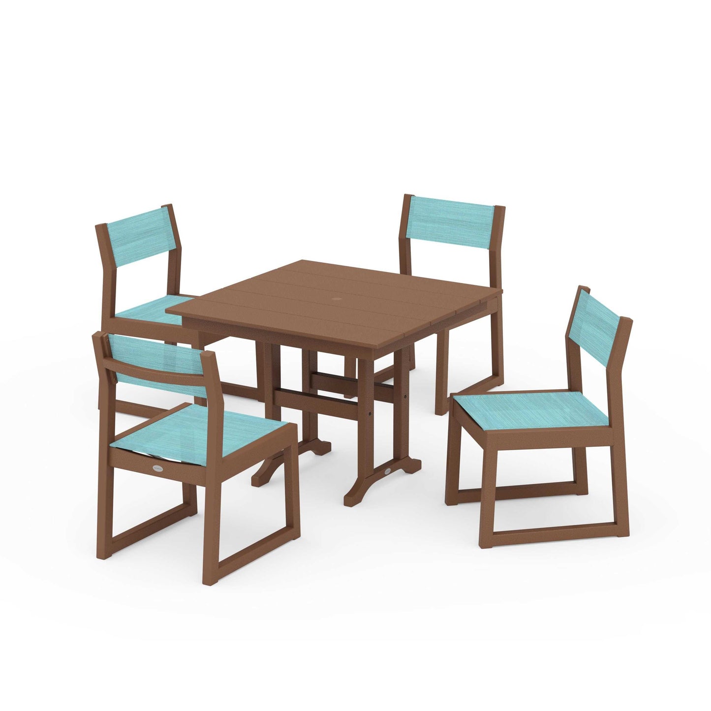 POLYWOOD EDGE Sling Side Chair 5-Piece Farmhouse Dining Set — Teak / Dupioni Aquamarine Sling