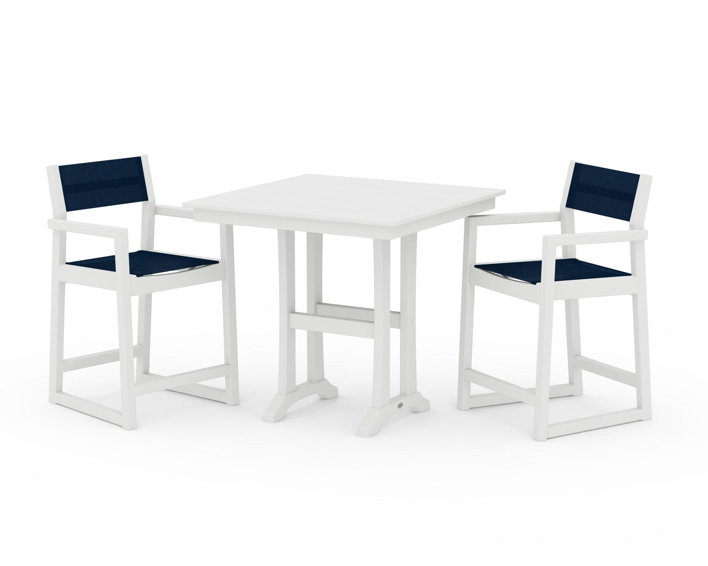 POLYWOOD EDGE Sling Arm Chair 3-Piece Farmhouse Counter Set with Trestle Legs — White / Navy Blue Sling
