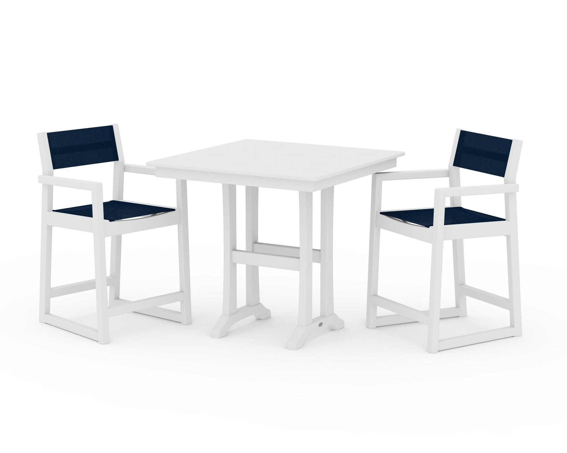 POLYWOOD EDGE Sling Arm Chair 3-Piece Farmhouse Counter Set with Trestle Legs — White / Navy Blue Sling
