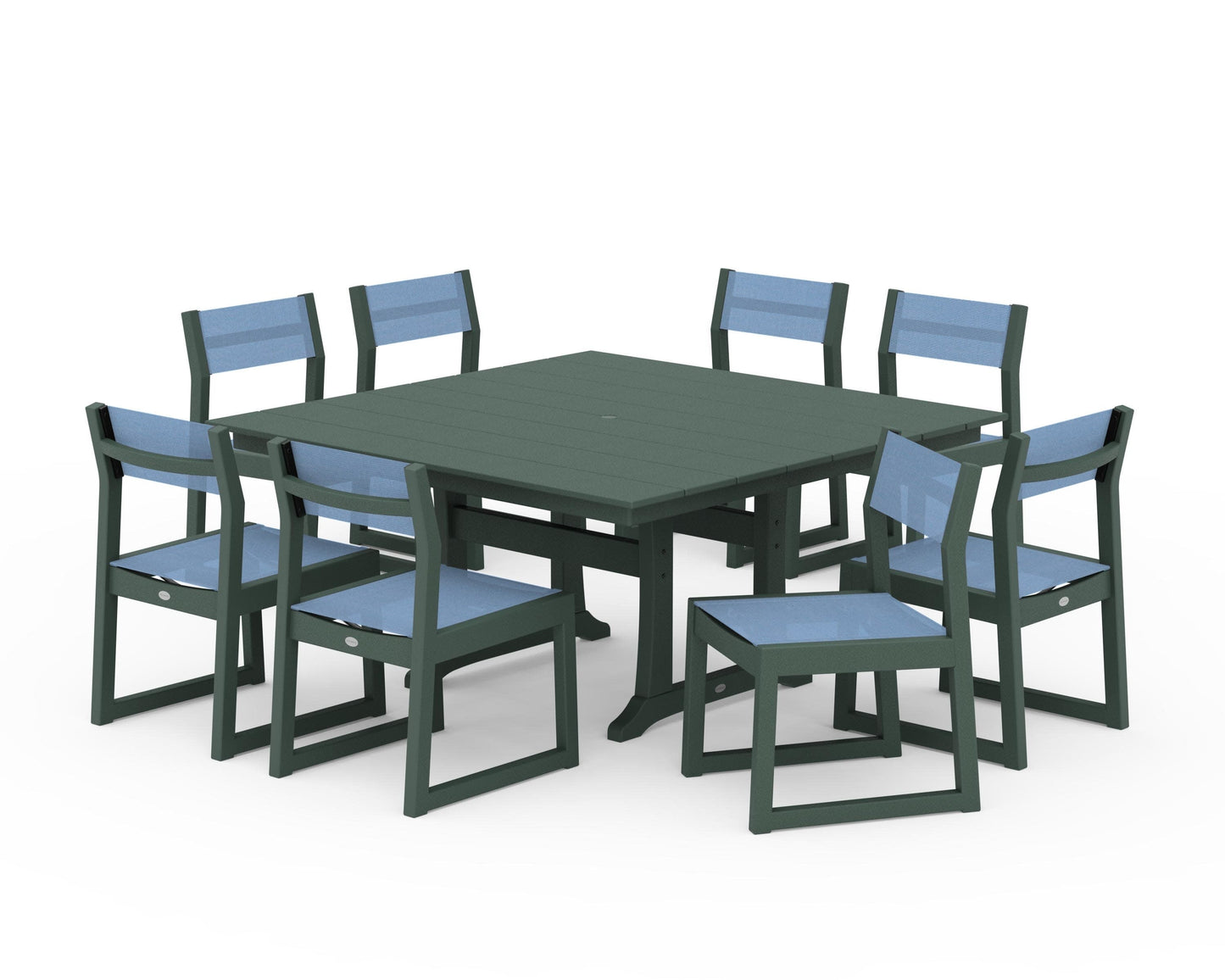 POLYWOOD EDGE Sling Side Chair 9-Piece Farmhouse Trestle Dining Set — Green / Poolside Sling
