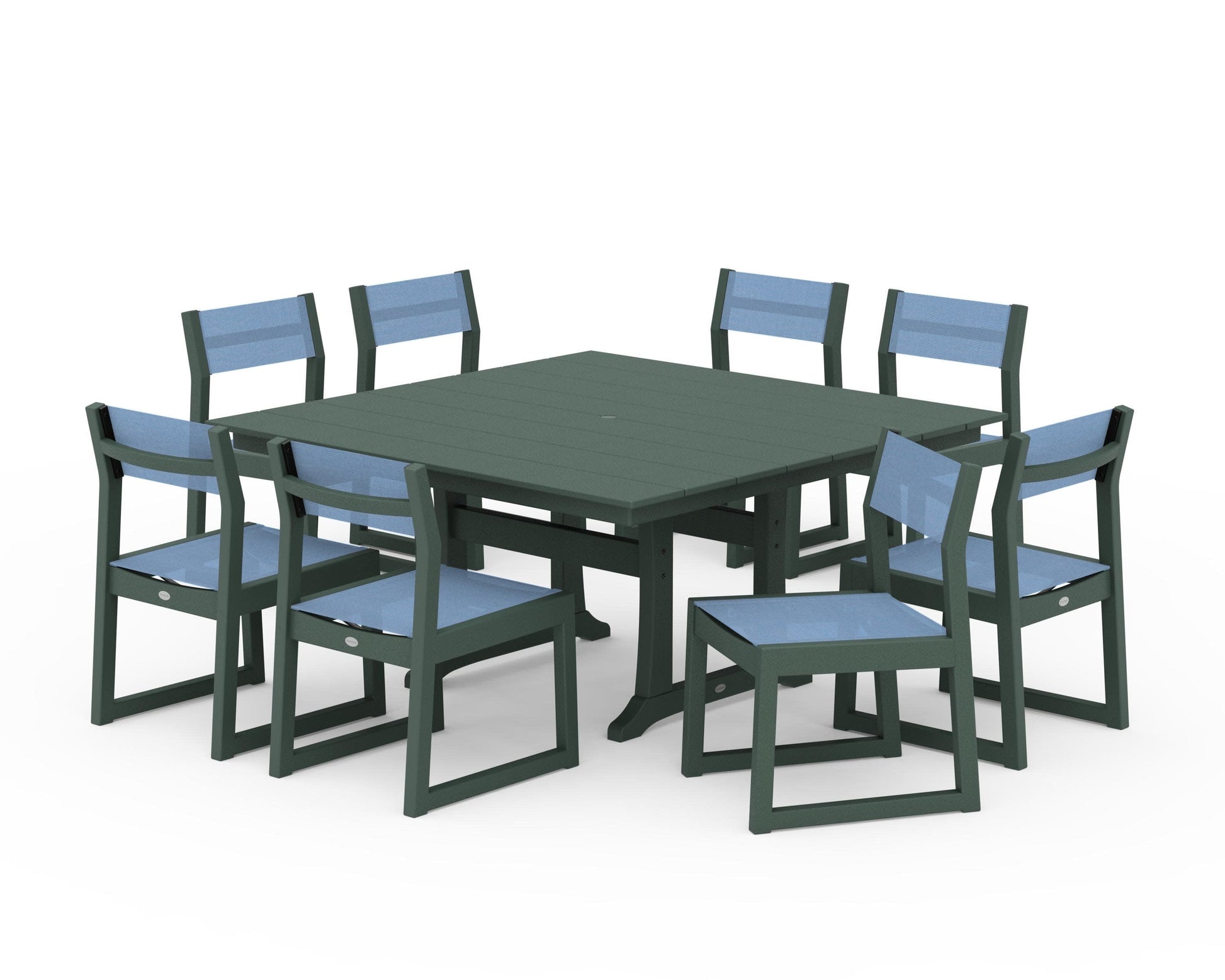 POLYWOOD EDGE Sling Side Chair 9-Piece Farmhouse Trestle Dining Set — Green / Poolside Sling