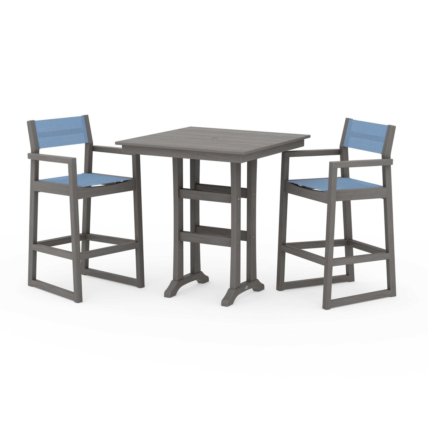 POLYWOOD EDGE Sling Arm Chair 3-Piece Farmhouse Bar Set with Trestle Legs — Driftwood / Poolside Sling