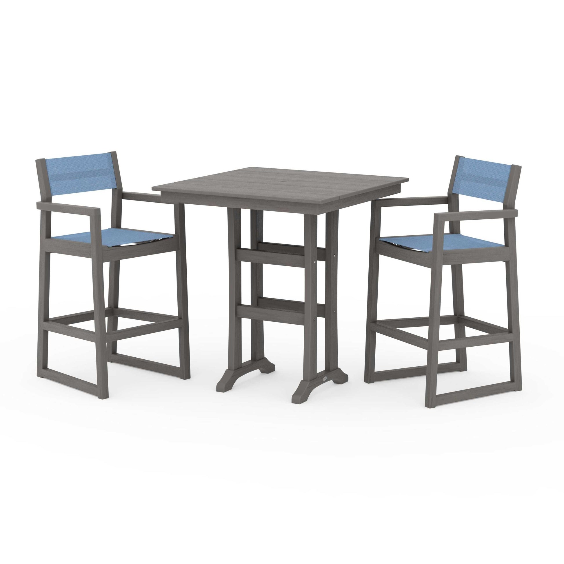 POLYWOOD EDGE Sling Arm Chair 3-Piece Farmhouse Bar Set with Trestle Legs — Driftwood / Poolside Sling