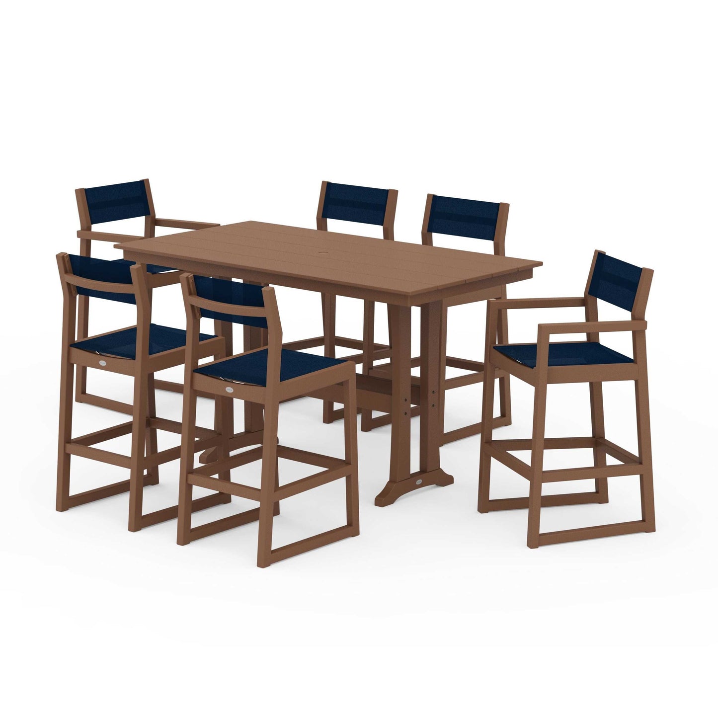 POLYWOOD EDGE Sling 7-Piece Farmhouse Bar Set with Trestle Legs — Teak / Navy Blue Sling