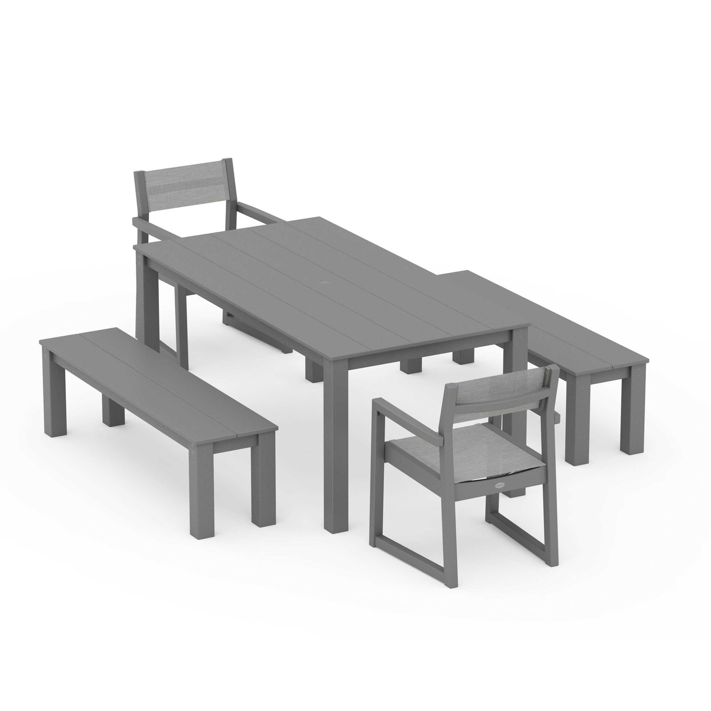 POLYWOOD EDGE Sling Arm Chair 5-Piece Parsons Dining Set with Benches — Slate Grey / Metallic Sling
