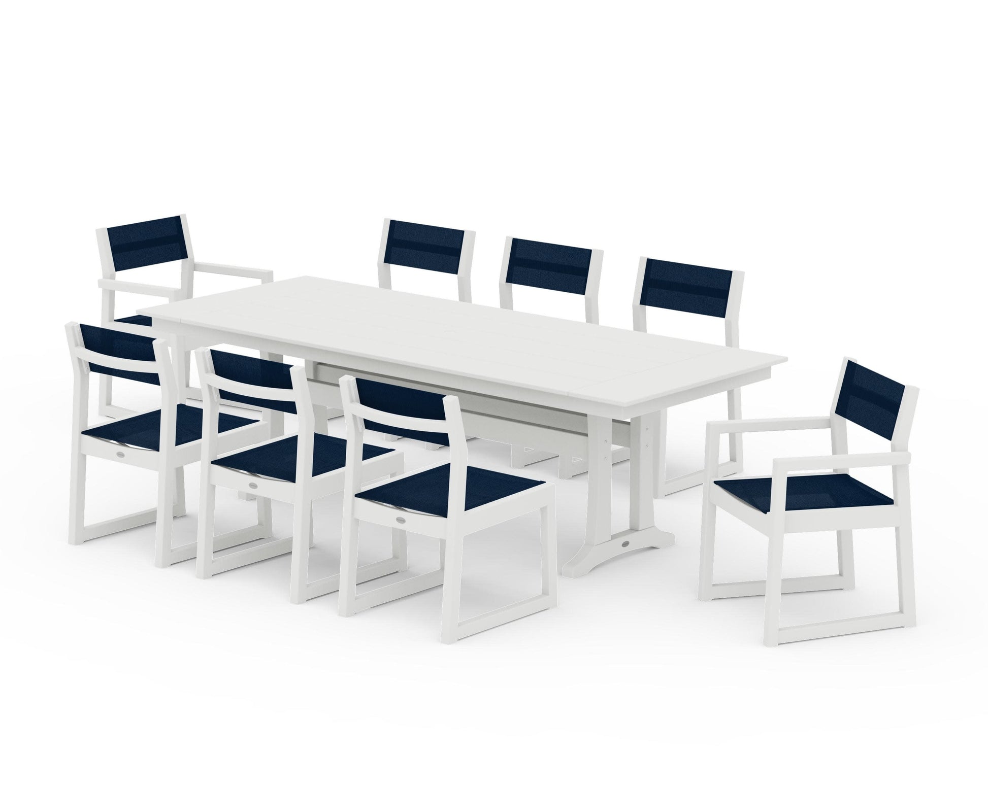 POLYWOOD EDGE Sling 9-Piece Farmhouse Trestle Dining Set — Vintage White / Navy Blue Sling