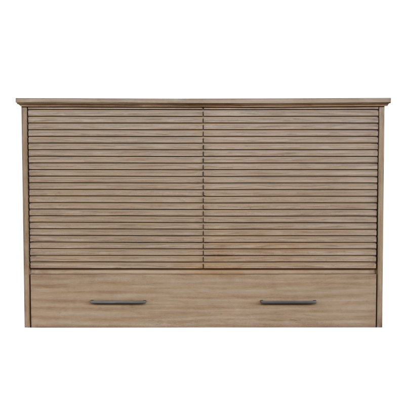 Arcadia Queen Size Wooden Cabinet Bed in Natural Finish with USB Port, Drawer, and 6-Inch Tri-Fold Memory Foam Mattress