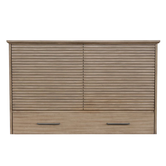 Arcadia Queen Size Wooden Cabinet Bed in Natural Finish with USB Port, Drawer, and 6-Inch Tri-Fold Memory Foam Mattress