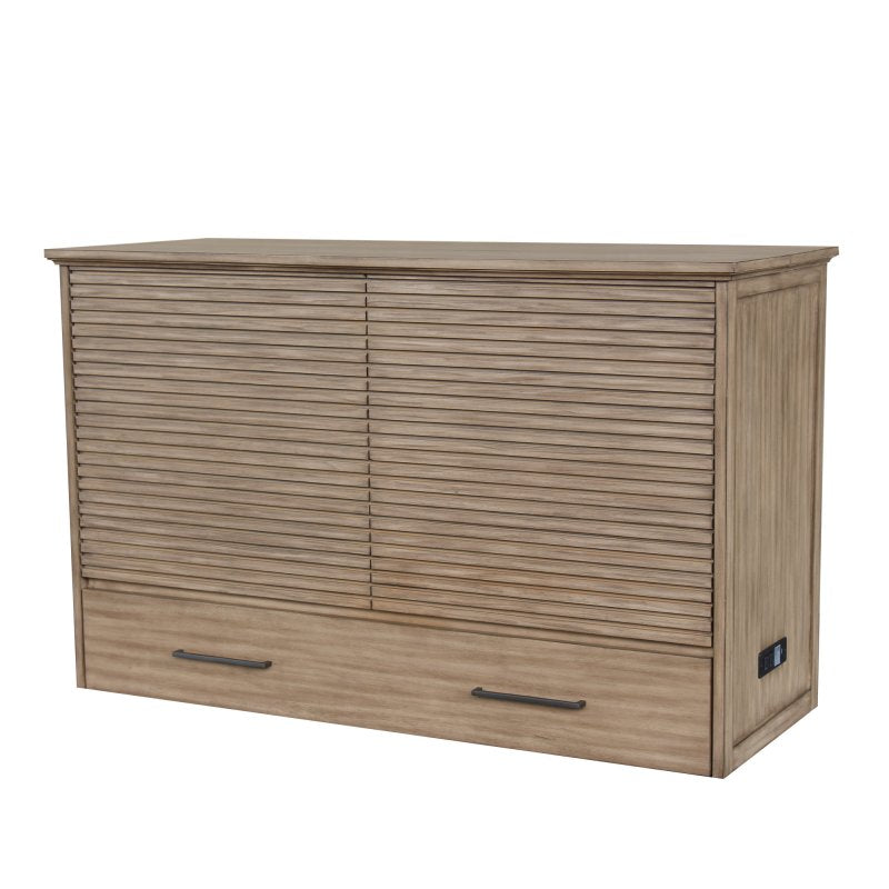 Arcadia Queen Size Wooden Cabinet Bed in Natural Finish with USB Port, Drawer, and 6-Inch Tri-Fold Memory Foam Mattress
