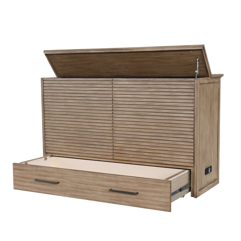 Arcadia Queen Size Wooden Cabinet Bed in Natural Finish with USB Port, Drawer, and 6-Inch Tri-Fold Memory Foam Mattress