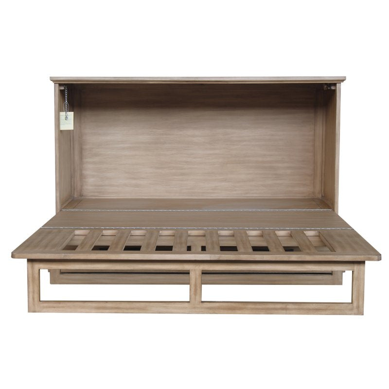 Arcadia Queen Size Wooden Cabinet Bed in Natural Finish with USB Port, Drawer, and 6-Inch Tri-Fold Memory Foam Mattress
