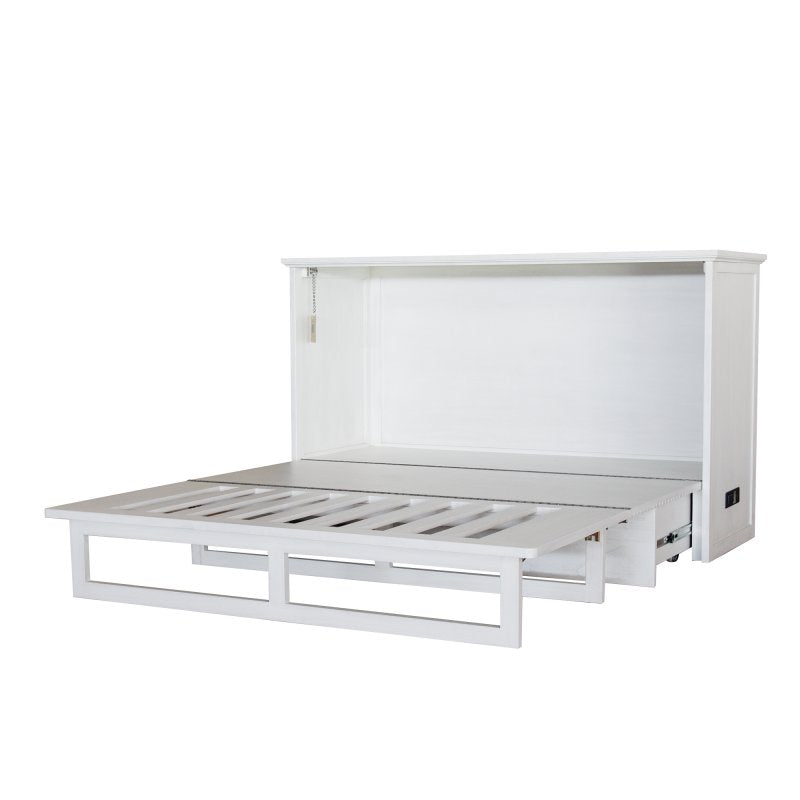 Arcadia Queen Size Wooden Cabinet Bed in White Finish with USB Port, Drawer, and 6-Inch Tri-Fold Memory Foam Mattress