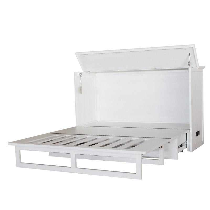 Arcadia Queen Size Wooden Cabinet Bed in White Finish with USB Port, Drawer, and 6-Inch Tri-Fold Memory Foam Mattress